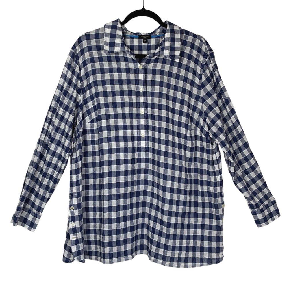 Talbots Womens Gingham Button Front Popover Top Size 2X Blue Office Career